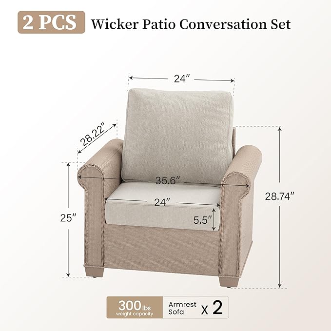 Patio Furniture Set 2 pcs, Rattan Outdoor Chairs with 5.5” Thick Waterproof Cushions, All Weather Wicker Conversation Set for Garden Backyard Deck, Beige