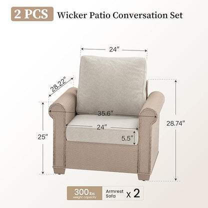 Patio Furniture Set 2 pcs, Rattan Outdoor Chairs with 5.5” Thick Waterproof Cushions, All Weather Wicker Conversation Set for Garden Backyard Deck, Beige