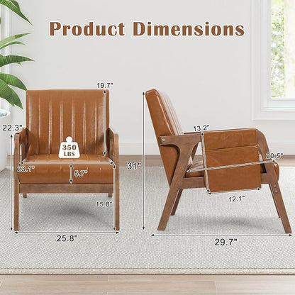 EROMMY Mid Century Modern Leather Accent Chair with Wood Frame, Faux Leather Accent Armchair with Storage Bag,Pu Living Room Accent Chair for Reading, Bedroom,Deep Brown
