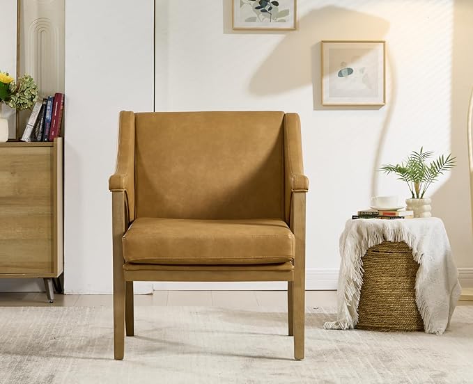 EALSON Modern Accent Chair Comfy Leather Living Room Chair with Wooden Frame and Armrest Mid Century Upholstered Reading Lounge Armchair for Living Room/Bedroom/Reading/Balcony, Brown