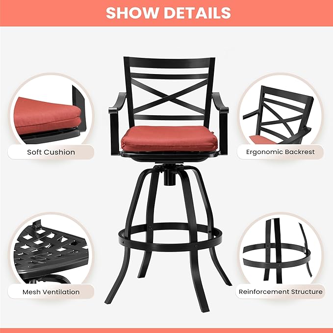 Pellebant 30" Sunbrella Outdoor Bar Stools Set of 2, Aluminum Swivel Patio Bar Height Bar Stools with Back & Footrest, for Deck Lawn Garden(Red)
