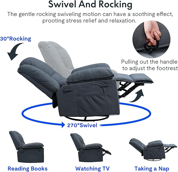 FLEXISPOT 360° Swivel Rocker Recliner for Adults, Massage Rocker Recliner Chair with Heating, Nursery Chair Swivel Glider Sofa for Living Room, Bedroom, Nursery, Slate