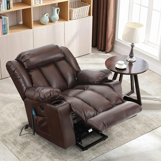 BEDHOURS Recliner Chair Lift Chair Recliners for Elderly Power Lift Chair with Massage and Heat Breathable Leather Recliner 3 Positions, USB Ports, 2 Cup Holders, 2 Side Pockets (Brown)