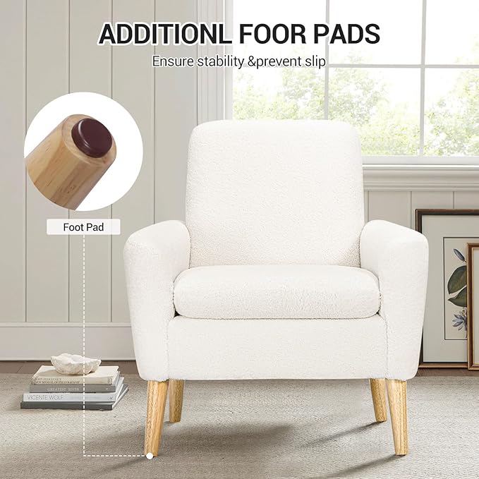 Lohoms White Accent Chair Set of 2 for Living Room, Fluffy Comfy Reading Leisure Chairs for Bedroom, White Teddy Upholstered Sherpa Armchair for Apartment, Small Boucle Sofa Chair with Wood Legs