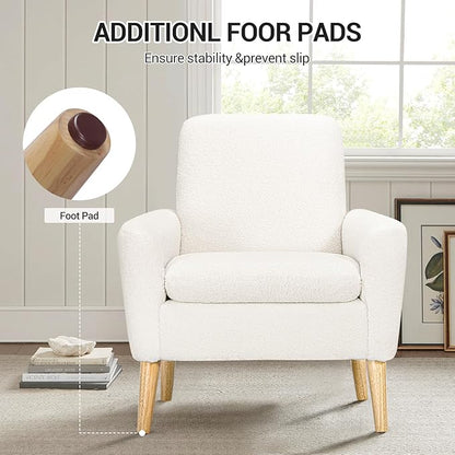 Lohoms White Accent Chair Set of 2 for Living Room, Fluffy Comfy Reading Leisure Chairs for Bedroom, White Teddy Upholstered Sherpa Armchair for Apartment, Small Boucle Sofa Chair with Wood Legs