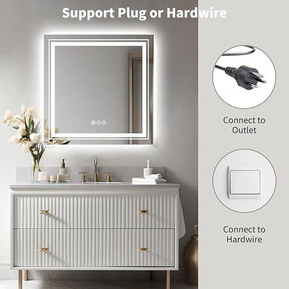 WTTY LED Bathroom Mirror 32"x32" with Backlit and Front Light,Stepless Dimmable LED Mirror for Bathroom,Anti-Fog Lighted Bathroom Vanity Mirror Modern for Wall,Memory Function,Shatter-Proof