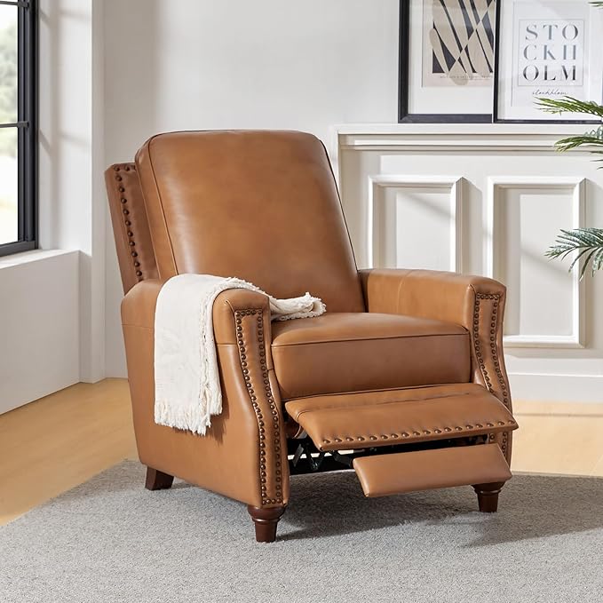 HULALA HOME Genuine Leather Recliner Chair Set of 2, Push Back Recliner Armchair with Thick Seat and Backrest(Camel)