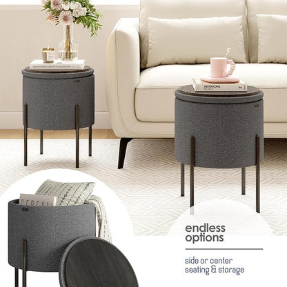 STORAGEBUD Round Ottoman with Storage, Boucle Storage Foot Stool, Makeup Vanity Stool, Small Ottoman Foot Rest, Modern Ottomans for Living Room and Bedroom, Grey