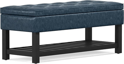 SIMPLIHOME Cosmopolitan 44 inch Wide Transitional Rectangle Storage Ottoman Bench with Open Bottom in Denim Blue Vegan Faux Leather, Assembled for the Living Room and Bedroom