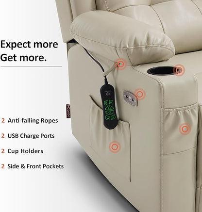 MCombo Lay Flat Triple Motor Power Lift Recliner Chair Sofa with Heat and Massage, Adjustable Headrest for Elderly, Infinite Position, Faux Leather 7661 (Beige, Medium)