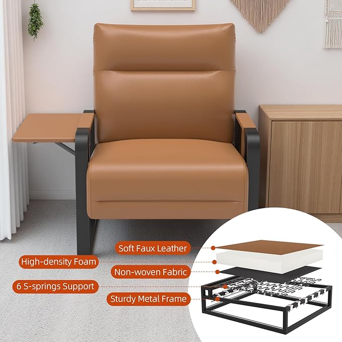 Upholstered Accent Chair, Modern Faux Leather Sofa Chair with Foldable Side Tray Table & Storage Pocket, Small Accent Sofa for Living Room, Bedroom, Reception Room, Brown