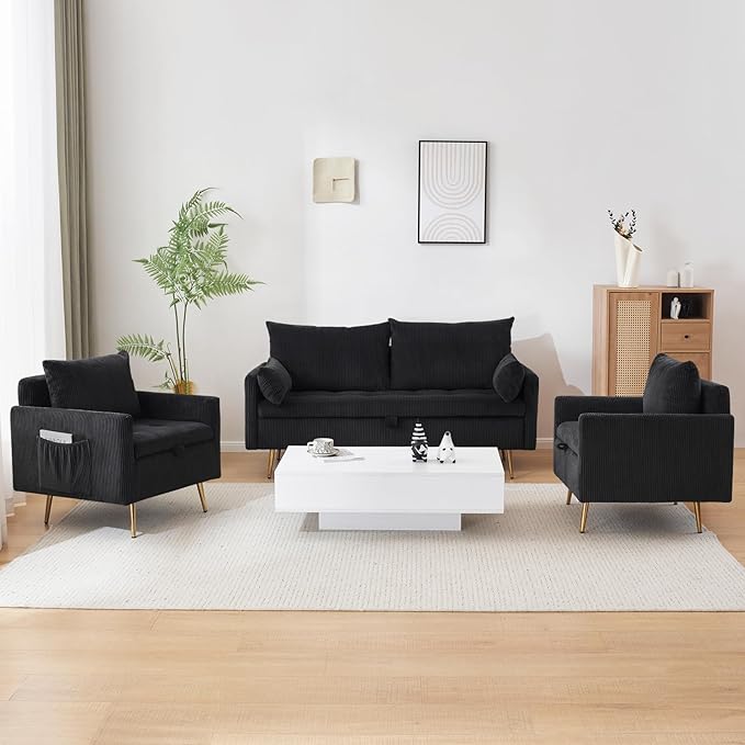 Furnimart 3-Piece Storage Sofa and Couch Set, Corduroy Loveseat with 2pc Accent Single Chairs, Small Living Room Furniture Set for Apartment, Tiny Homes and Lofts, 3PC-Black