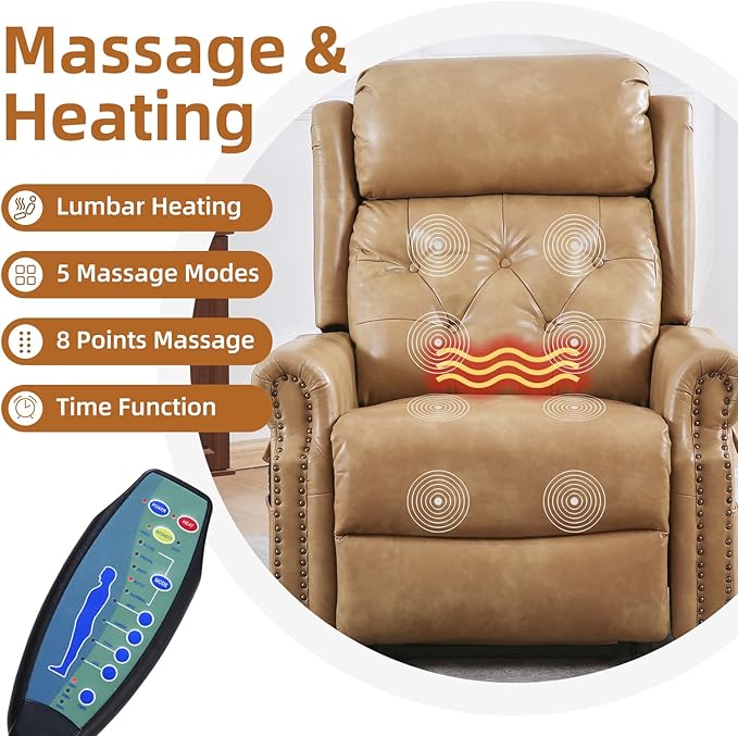 Large Power Lift Recliner Chair for Elderly, Oversized Lay Flat Lift Chair with Adjustable Headrest, Leather Recliner Chairs with Massage and Heat, Infinite Position,Extended Footrest,Beige