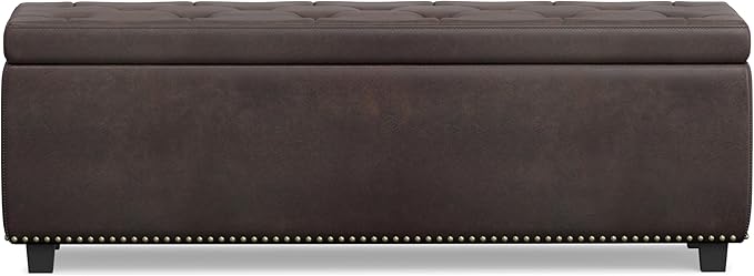 SIMPLIHOME Hamilton 48 inch Wide Transitional Rectangle Storage Ottoman in Distressed Brown Vegan Faux Leather, Assembled, For the Living Room, Entryway and Family Room