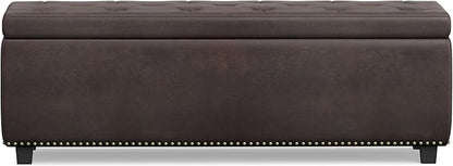 SIMPLIHOME Hamilton 48 inch Wide Transitional Rectangle Storage Ottoman in Distressed Brown Vegan Faux Leather, Assembled, For the Living Room, Entryway and Family Room