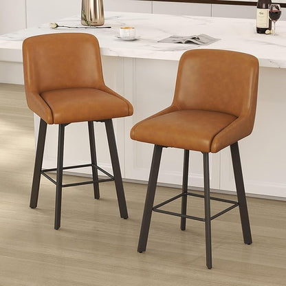 Swivel Counter Height Bar Stools Set of 4, 26''H Upholstered Barstools with Backs, Modern Bar Stool Chairs for Kitchen Island, Metal Legs, Faux Leather, Whiskey Brown Stools Counter Chair