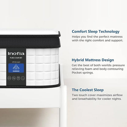 Inofia Twin Mattress, 10 Inch Hybrid Innerspring Single Mattress Cool Twin Bed Supportive & Pressure Relief, Breathable Soft Knitted Fabric Cover, Medium Firmness