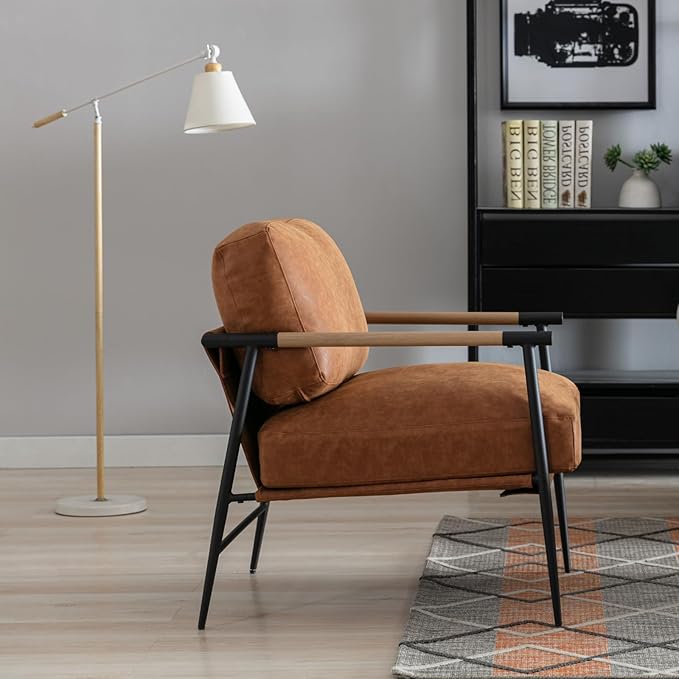 HEAH-YO Modern Accent Chairs Set of 2, PU Faux Leather Living Room Chairs with Backrests, Comfy Reading Side Chairs with Metal Legs for Bedroom, Brown