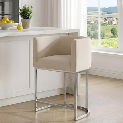 Contemporary Cream Linen Bar Stool, 24" Upholstered Fabric Counter Height Barstool Kitchen Counter Island Stool with Screwed Together Chrome Finish Base
