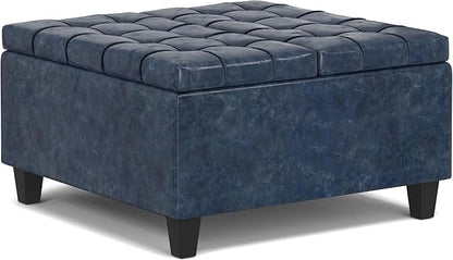 SIMPLIHOME Harrison 30 inch Wide Transitional Square Small Coffee Table Storage Ottoman in Denim Blue Vegan Faux Leather, Assembled, for The Living Room and Bedroom