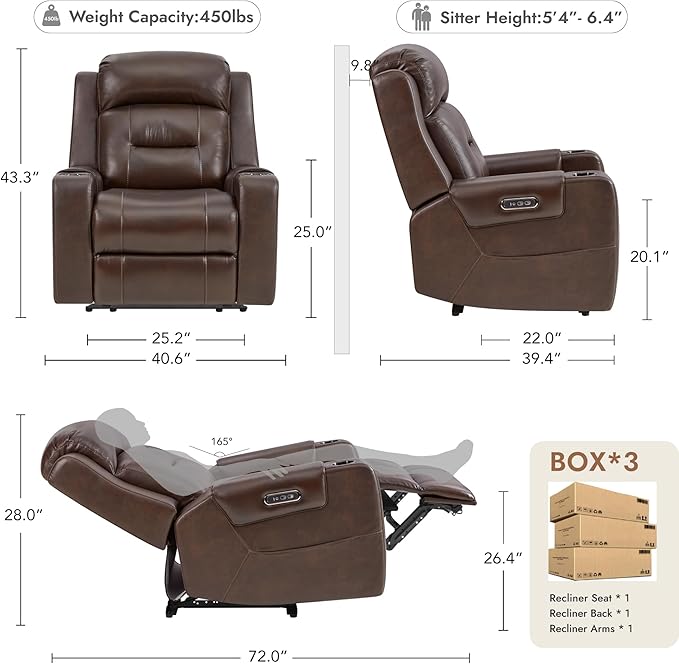 Watson & Whitely Oversized Genuine Leather Power Recliner Chairs for Big and Tall, Extra Wide Lay Flat Recliner with Power Headrest & Cup Holders, Electric Reclining Sofa for Living Room, Dark Brown