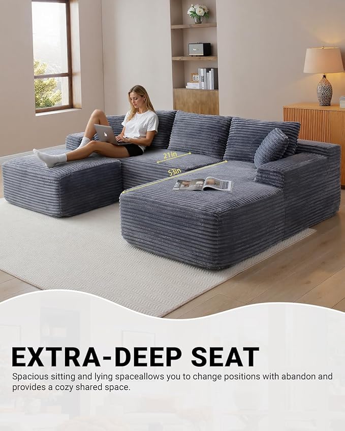 108 Inch Cloud Sectional Couch,Modern Modular Sectional Sofa with Deep Seat,Corduroy Boneless Couches with L-Shape Chaise for Living Room,No Assembly Required (Grey, Right Facing Chaise + Ottoman)