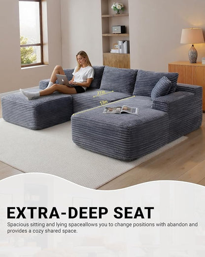 108 Inch Cloud Sectional Couch,Modern Modular Sectional Sofa with Deep Seat,Corduroy Boneless Couches with L-Shape Chaise for Living Room,No Assembly Required (Grey, Right Facing Chaise + Ottoman)
