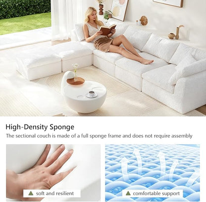 138" Boneless Cloud Couch Modular Sectional Sofa with Deep Seat for Living Room, L Shape Couch with Ottoman, Snowflake Cloth and 40D Memory Sponge，2 Throw Pillows (White, 4 Seater+2 Ottoman)