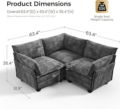 KKL Modular Sectional Sofa, V-Shaped 3 Seater Cloud Couch with Ottoman, Chenille Modern Sectional Couches for Living Room, Apartment Grey