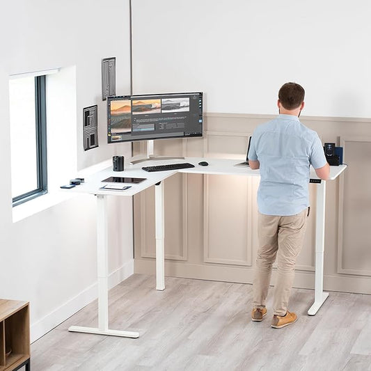 VIVO Corner Standing Desk, 75 x 63 inch Reversible L-Shaped Workstation, Electric Height Adjustment, Home, Office, and Reception Rooms, White Table Top White Frame, DESK-E3CTW-75