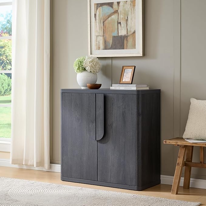 34.5'' Sideboard Buffet Cabinet W/Storage, Modern Accent Cabinets W/Curved Handles & Adjustable Shelves, 2 Doors Coffee Bar Buffet Table Credenza for Living Room Kitchen Hallway, Dark Grey