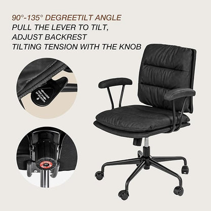 Black PU Leather Office Chair with Wheels, Adjustable Swivel Chair for Home and Office, Lumbar Support, Removable Armrests, Small Spaces