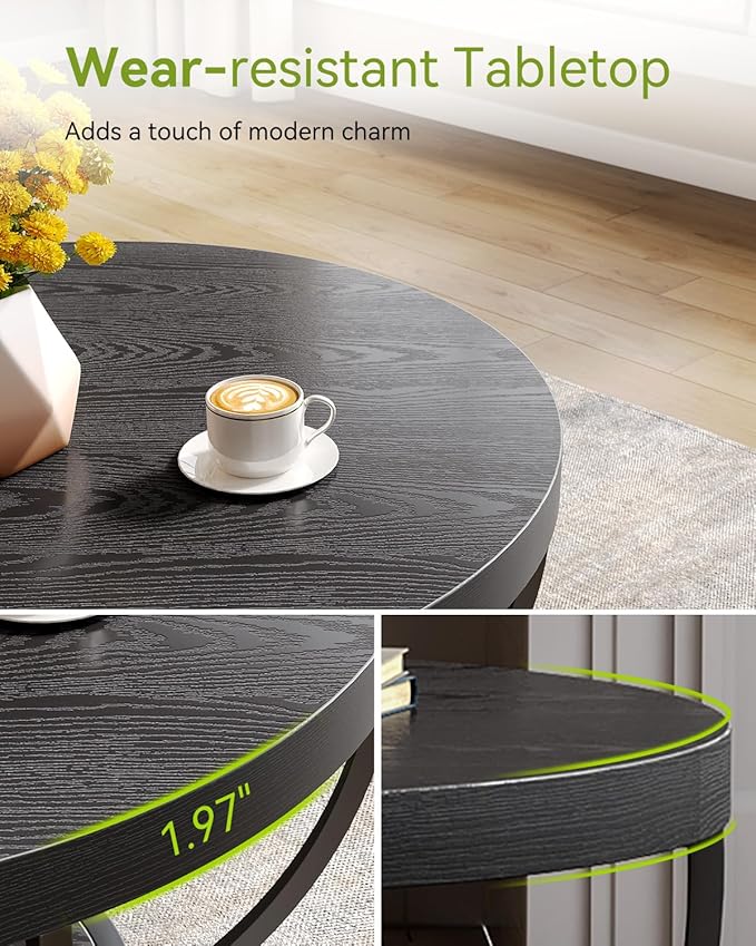 LITTLE TREE Round Coffee Table, 32" Circle Coffee Table for Living Room, 2-Tier Wood Accent Center Table with Open Storage Industrial Design Home Furniture (Black)