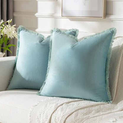 FUTEI Aqua Velvet Decorative Throw Pillow Covers 16x16 Set of 2,Soft Cozy Edge with Tassels Cushion Case,Boho Modern Home Decor for Couch Bed Living Room