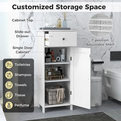 LOKO Bathroom Floor Cabinet, Freestanding Single Door Storage Cabinet with Drawer & Adjustable Shelves, Corner Narrow Storage Organizer for Living Room, Entryway (White)