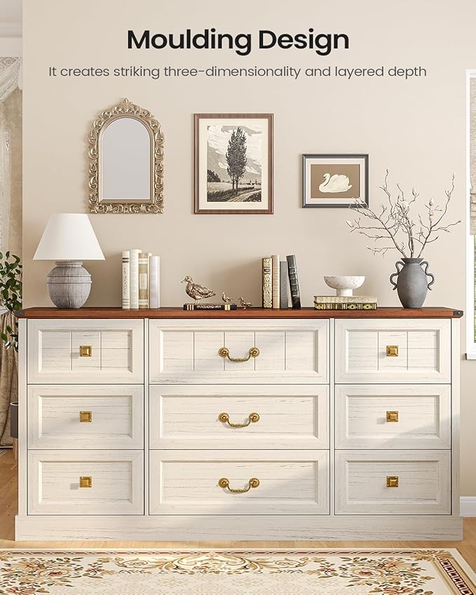 AOGLLATI Farmhouse 9 Drawers Dresser for Bedroom, 63" Wide Wood Rustic Chest of Drawers with Natural Texture, Vintage Design, Long Wide Storage Dresser for Bedroom, Antique White