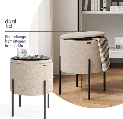 StorageBud Round Ottoman with Storage, Boucle Storage Ottoman, Foot Stool Ottoman, Makeup Vanity Stool, Small Ottoman Foot Rest, Modern Ottomans for Living Room and Bedroom, Beige