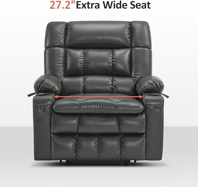 MCombo Dual Motor Power Lift Recliner Chair for Elderly, Lay Flat Lift Chair with Heat and Massage, Extra Wide Lift Recliner for Big People, Cup Holders, Faux Leather R7897 (Grey, Medium-Wide)