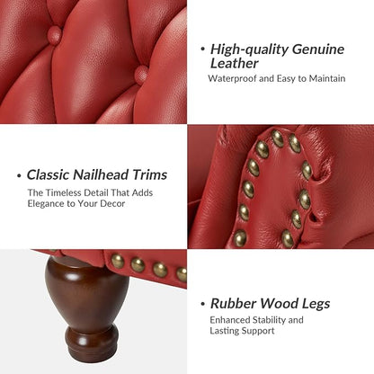 HULALA HOME Genuine Leather Recliner Chair with Solid Wood Legs, Modern Adjustable Tufted Push Back Arm Chair w/Rivet Decoration, Home Theater Seating Single Reclining Sofa for Living Room, Red