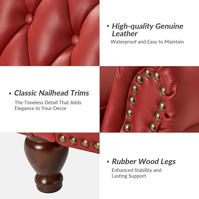 HULALA HOME Genuine Leather Recliner Chair Set of 2 w/Solid Wood Feet, Modern Adjustable Tufted Push Back Arm Chair w/Rivet Decoration, Home Theater Seating Reclining Sofa for Living Room, RED