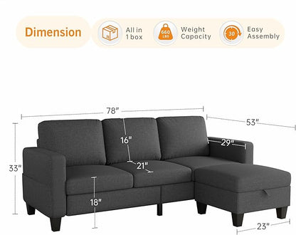 Sectional Sofa and Couches for Living Room, 78'' Dark Grey 3 Seat L-Shaped Couch with Movable Ottoman, Comfy Fabric Convertible Sectionals Sofas with Chaise for Apartment, Office, Small Space