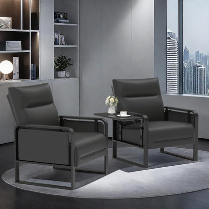 Faux Leather Accent Chair, Upholstered Armchair with Side Tray & Pocket, Comfy Reading Chair for Living Room, Bedroom, Guest Room, Black