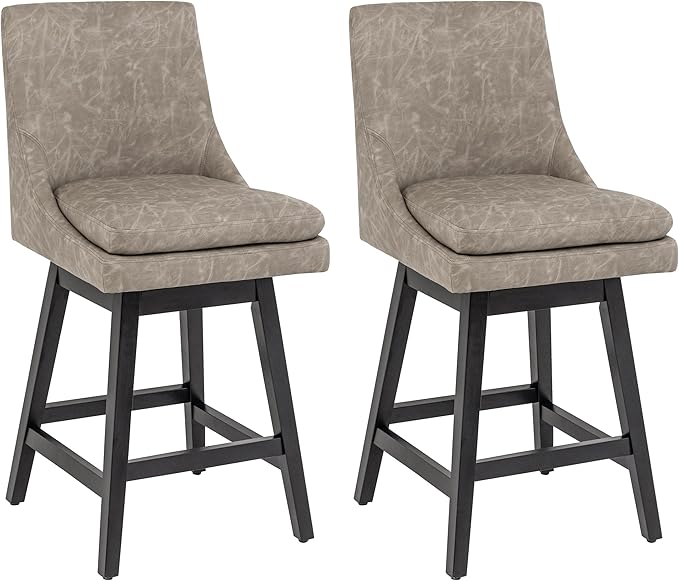 Bar Stools Set of 2, PU Leather Barstools, 26 Inch Upholstered Counter Stools with 14.2" High Back and Footrest, Swivel Counter Height Barstools for Kitchen Island Home Bar Greige
