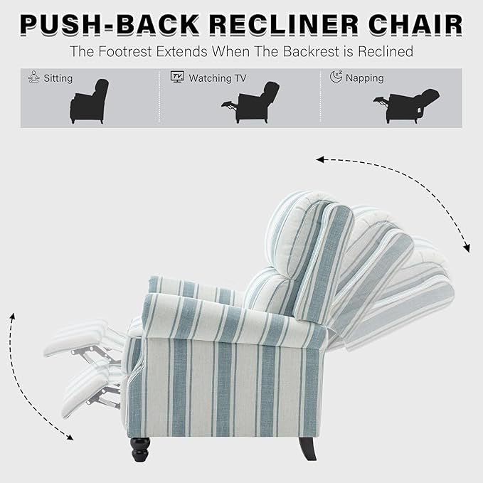 UIXE Pushback Recliner Chair Accent Chairs, Fabric Armchair Push Back Club Arm Chair for Living Room, Rivet Trim Overstuffed Home Theater Single Sofa Bedroom Reading Seat with Footrest - Stripe Blue