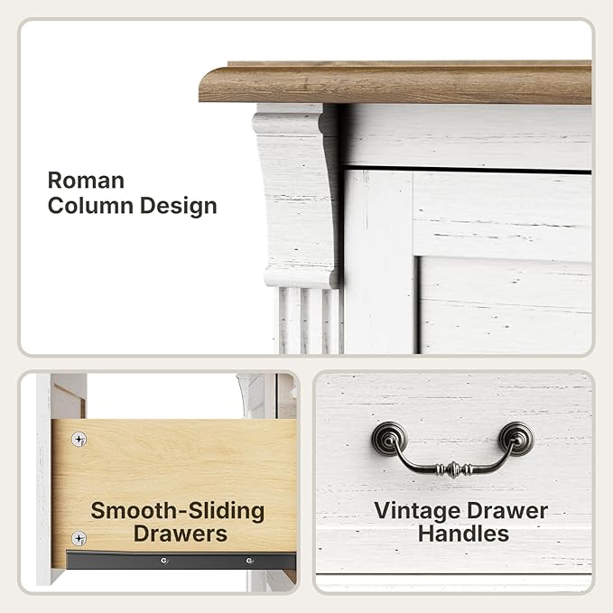 Amada 6 Drawers Dresser for Bedroom, Farmhouse 47" Wide Dresser & Chest of Drawers with Roman Column Design, Large Storage Organizer with 6 Drawer Sizes for Bedroom, Living Room