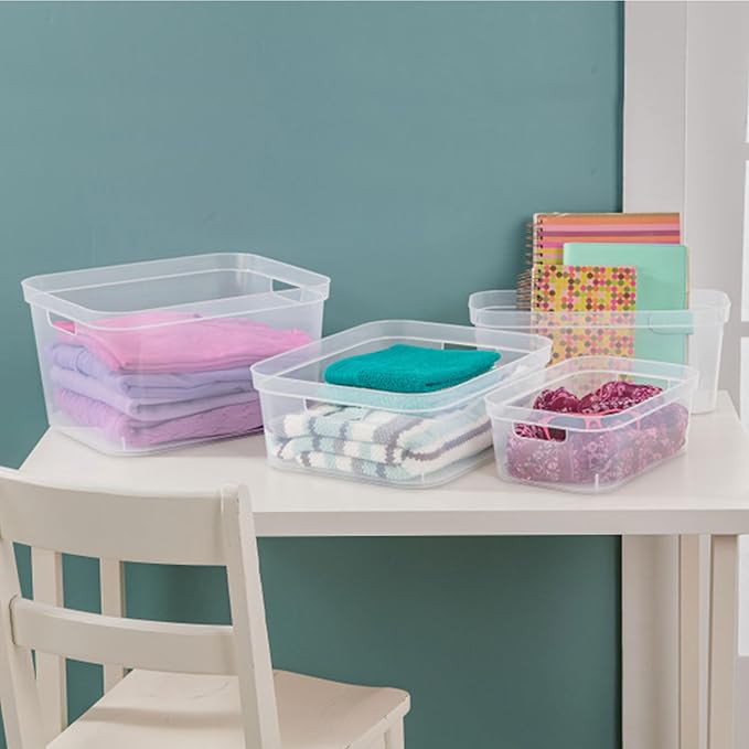 Sterilite 8.25x12.25x15 Inch Modern Polished Storage Bin w/Comfortable Carry Through Handles & Banded Rim for Household Organization, Clear (12 Pack)