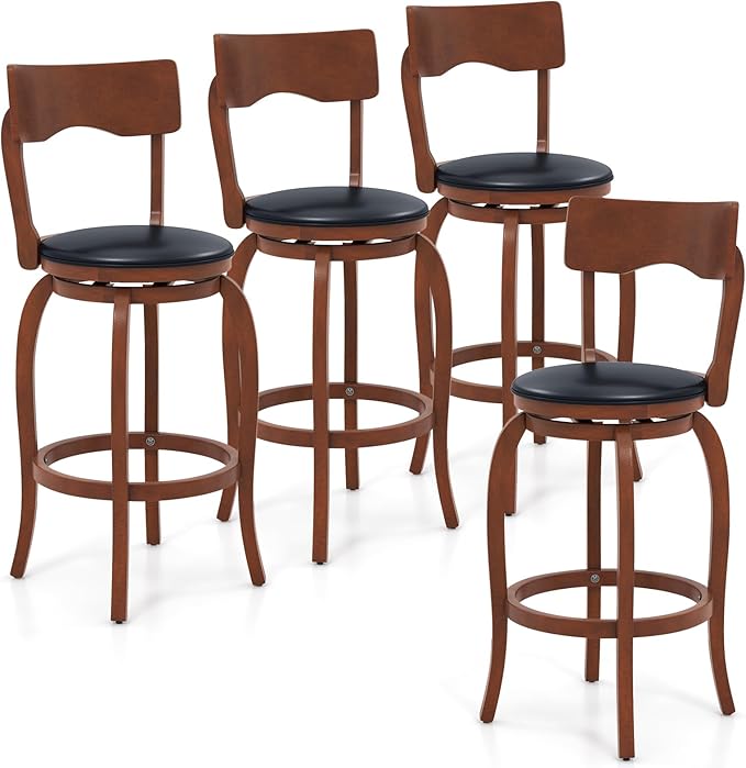 COSTWAY Bar Stools Set of 4, 29 Inch Swivel Bar Height Chairs with Rubber Wood Frame, Upholstered Seat, High Back Barstools for Kitchen Island, Home Bar, Pub, Brown (4, Seat Height: 29”)