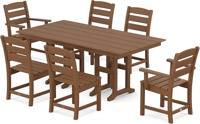 POLYWOOD Lakeside Farmhouse 7-Piece Outdoor Dining Set, Patio Furniture Table and Chairs, HDPE, Seats 6, Teak, Made in USA
