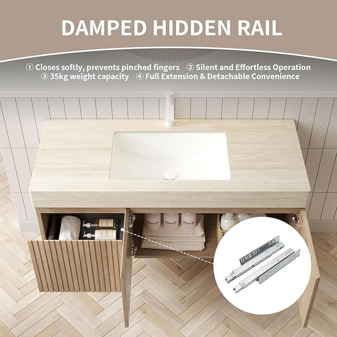 48 Inch Floating Bathroom Vanity with Sink, Wall-Mounted Bathroom Vanity with Drawer and 2 Doors, Roma Travertine-Pattern Countertop and Ceramic Basin, Pre-Assembled, White Oak