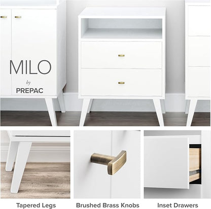 Prepac Milo Mid-Century Modern 2 Drawer Nightstand, Bedside Table, Contemporary Bedroom Furniture, 16"D x 25"W x 25"H, White
